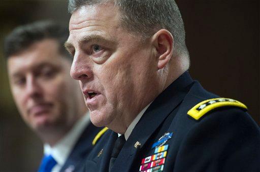 Army Undersecretary Patrick Murphy listens at left as Army Chief of Staff Gen. Mark Milley testifies on Capitol Hill in Washington, Tuesday, Feb. 2, 2016, before the Senate Armed Services Committee hearing to examine the implementation of the decision to open all ground combat units to women. (AP Photo/Cliff Owen)