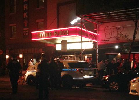 Authorities stand outside Irving Plaza, near Manhattan's Union Square in New York after a shooting Wednesday, May 25, 2016. (AP Photo/Dana Schimmel)