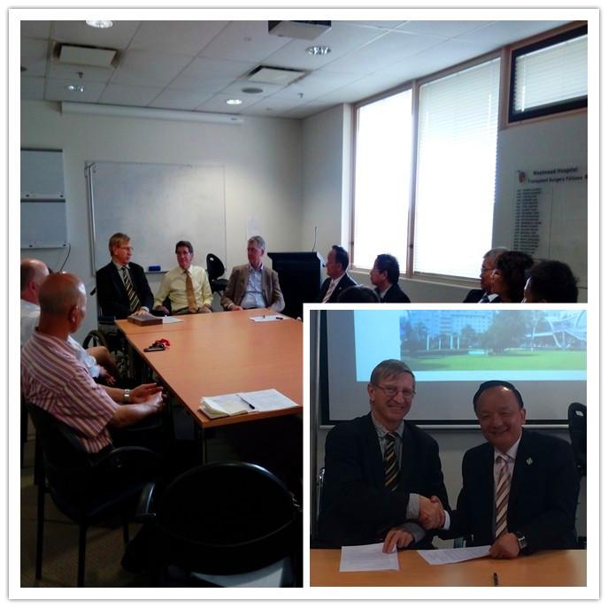 Dr. Chapman of Westmead and Dr. Chen of The Third Xiangya Hospital shake hands after signing a "supplementary agreement" of cooperation in 2014. (The Third Xiangya Hospital of Central South University)