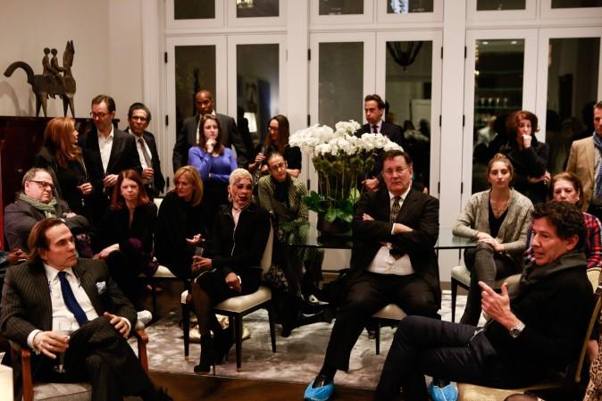 Oz Garcia (R) speaks at Royce Pinkwater's Champagne reception with Couri Hay on Nov. 10, 2016. (Courtesy of Oz Garcia)