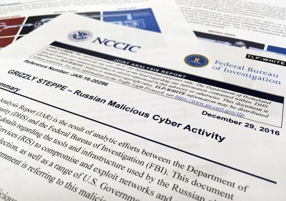 The first page of the Joint Analysis Report narrative by the Department of Homeland Security and federal Bureau of Investigation and released on Dec. 29, 2016 in Washington on Jan. 6, 2017. (AP Photo/Jon Elswick)