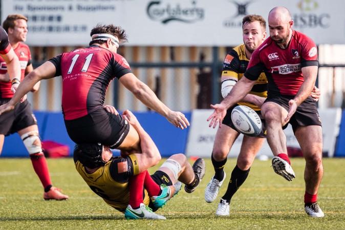 It was all action in the HKRU Premiership game between Borrelli Walsh USRC Tigers (Yellow) and Societe Generale Valley at King's Park on Saturday Jan 21, 2017. (Dan Marchant)
