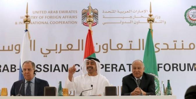 United Arab Emirates' Foreign Minister Sheikh Abdullah bin Zayed al-Nahyan(C), Russian Foreign Minister Sergei Lavrov (L) and Arab League Secretary General Ahmed Aboul-Gheit (R) are seen during a press conference in Abu Dhabi on Feb. 1, 2017. (KARIM SAHIB/AFP/Getty Images)