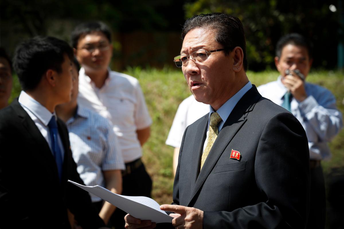 North Korea's Ambassador to Malaysia Kang Chol speaks to the media outside the North Korean Embassy in Kuala Lumpur, Malaysia on Feb. 20, 2017. (AP Photo/Vincent Thian)