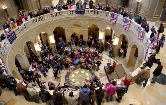 A national March 4 Trump brought out a large crowd in support of President Donald Trump to the State Capitol rotunda in St. Paul, Minn. on March 4, 2017. (David Joles /Star Tribune via AP)