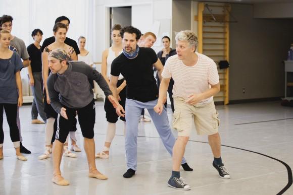 Dylan Tedaldi, Piotr Stanczyk, and Will Tuckett with artist of the Ballet in rehearsal<br/>for "Pinocchio." (Karolina Kuras)