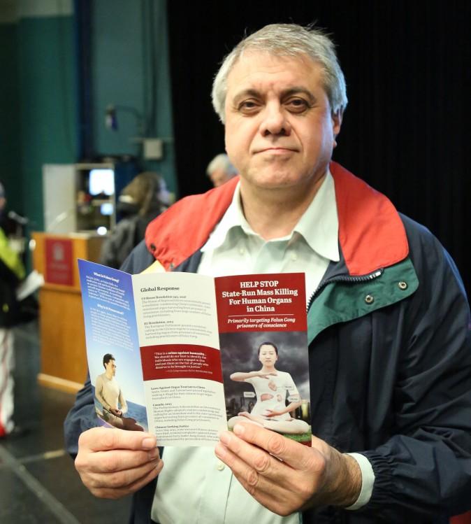 Shahram Golestaneh of the Iran Democratic Association attended the "Human Harvest" film screening at the University of Ottawa on April 6, 2017. (Jonathan Ren/Epoch Times)