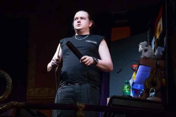 The sound and light technician Trevor (Rob Falconer) contributes to the general mayhem onstage. (Jeremy Daniel)