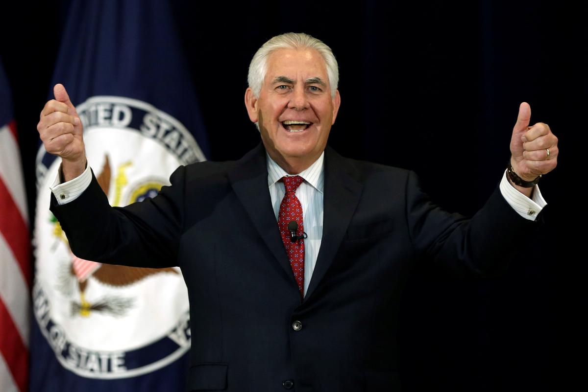 Secretary of State Rex Tillerson gestures before delivering remarks to the employees at the State Department in Washington on May 3, 2017. (REUTERS/Yuri Gripas)