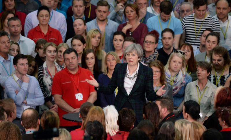 Britain's Prime Minister Theresa May speaks at a general election campaign event at marketing services group Linney, in Mansfield on May 10, 2017.(REUTERS/Oli Scarff/Pool)