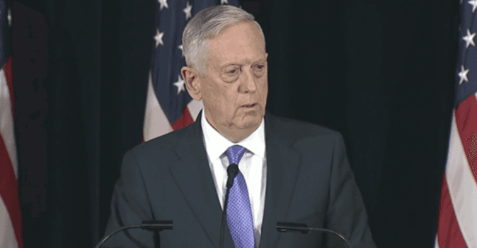 Retired Gen. James Mattis, U.S. Secretary of Defense, speaks at a press conference in Washington D.C. on June 21. (Screenshot/U.S. Department of Defense)