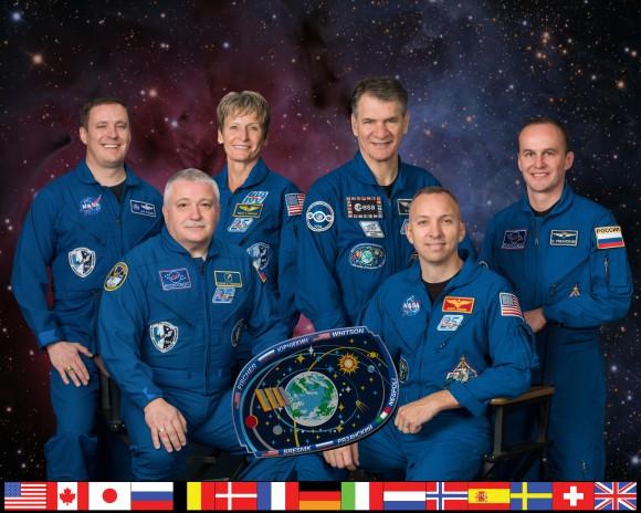 Expedition 52 crew members. Front row, L-R: Cmdr. Fyodor Yurchikhin and NASA astronaut Randy Bresnik. Back row, L-R: NASA astronauts Jack Fischer and Peggy Whitson, European Space Agency astronaut Paolo Nespoli and Roscosmos cosmonaut Sergey Ryazanskiy. (NASA)