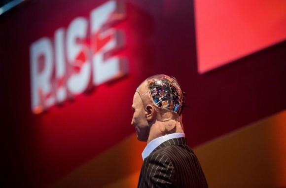 "Han the Robot" waits on stage before a discussion about the future of humanity in a demonstration of artificial intelligence by Hanson Robotics at the RISE Technology Conference in Hong Kong on July 12, 2017. (Isaac Lawrence/AFP/Getty Images)