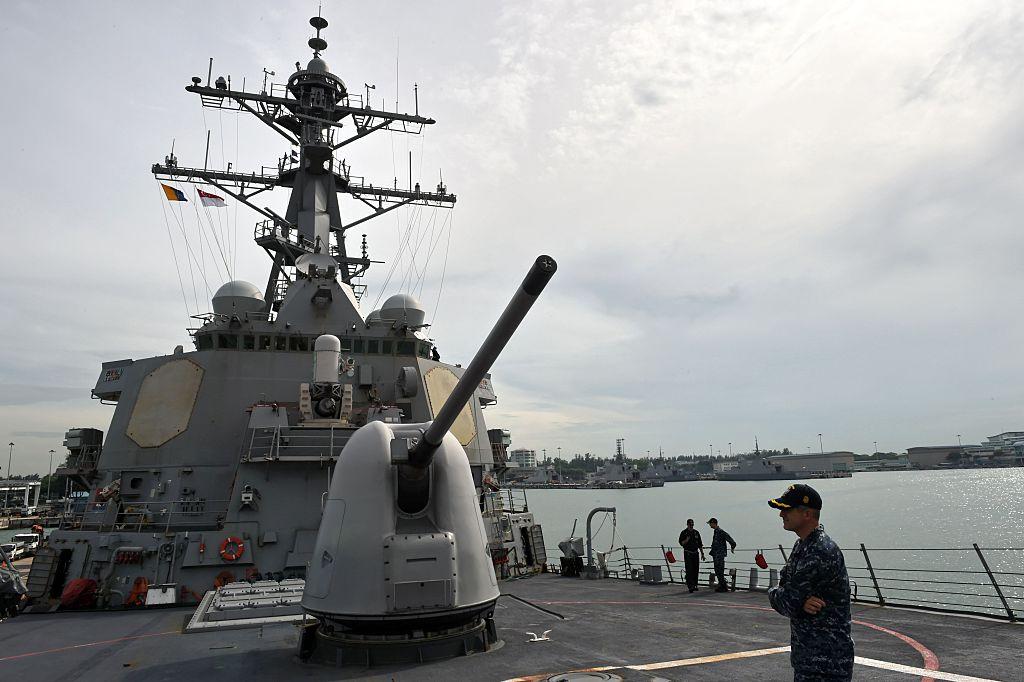 A MK45 lightweight gun is seen on the deck of USS Stethem (DDG-63) missile destroyer docked at Changi Naval Base for the Cooperation Afloat Readiness and Training (CARAT) bilateral exercise in Singapore on July 19, 2016. (ROSLAN RAHMAN/AFP/Getty Images)
