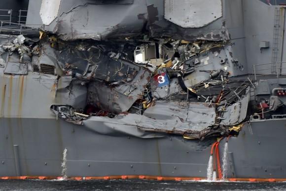 Damage to the guided missile destroyer the USS Fitzgerald is berthed at its mother port in Yokosuka, southwest of Tokyo, on June 18, 2017. (Kazuhiro Nogi/AFP/Getty Images)