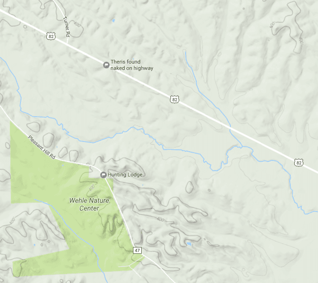 Location of hunting lodge that Oswald and Davis burgled, and location on Highway 82 where Theris was found. (Screenshot via Google Maps)