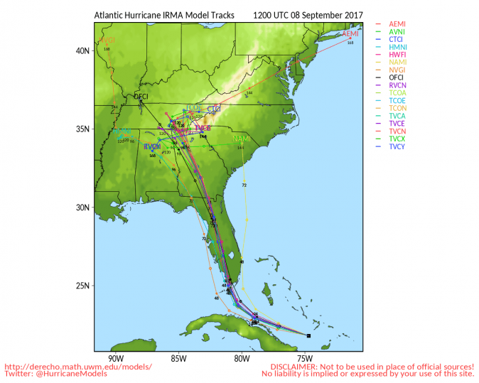 University of Wisconsin models of Hurricane Irma's possible path as of Sept. 8, 2017, 8 a.m. EST. (University of Wisconsin)