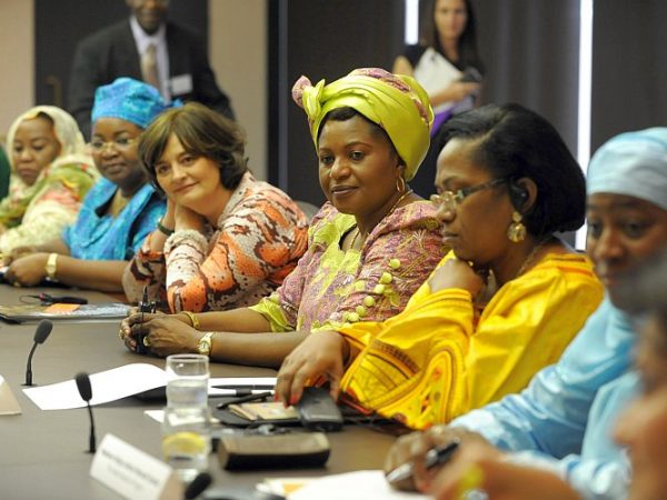 Malawi former first lady Callista Mutharika (C), wife of former U.K. Prime Minister Cherie Blair (L), and Benin first lady Chantal Yayi (R) attend a meeting of current and former first ladies as part of the RAND African First Ladies Initiative roundtable summit at the Ford Foundation headquarters in New York City Sept.26. (RAND)