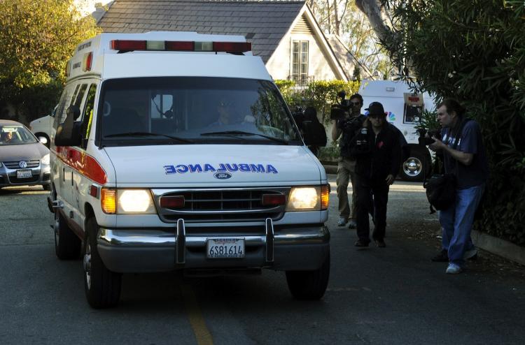 Actress Zsa Zsa Gabor arrives in the back of an ambulance, as she is returned to her home after being discharged from the UCLA hospital, in Bel Air, Los Angeles on August 11, 2010.  (Mark Ralston/AFP/Getty Images)