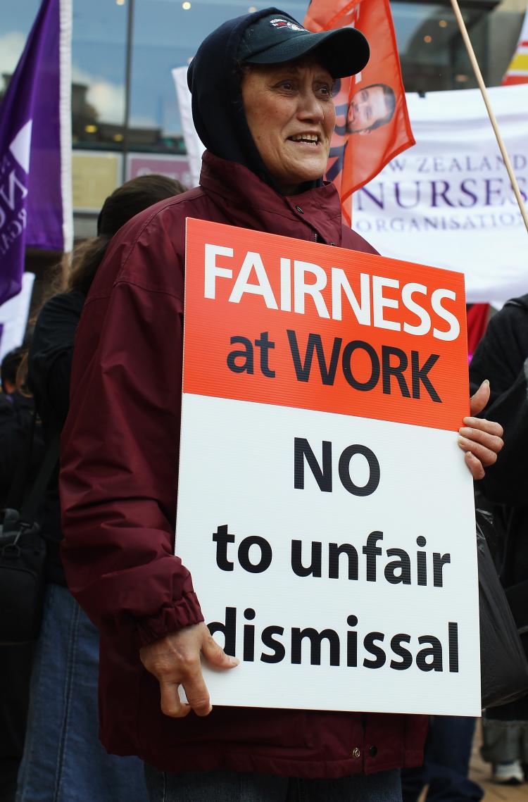 Workers gather to protest for their rights in Auckland on August 21, 2010. On August 16, 2010 the National Government introduced two new Bills to Parliament to change employment law in New Zealand. (Hannah Johnston/Getty Images)