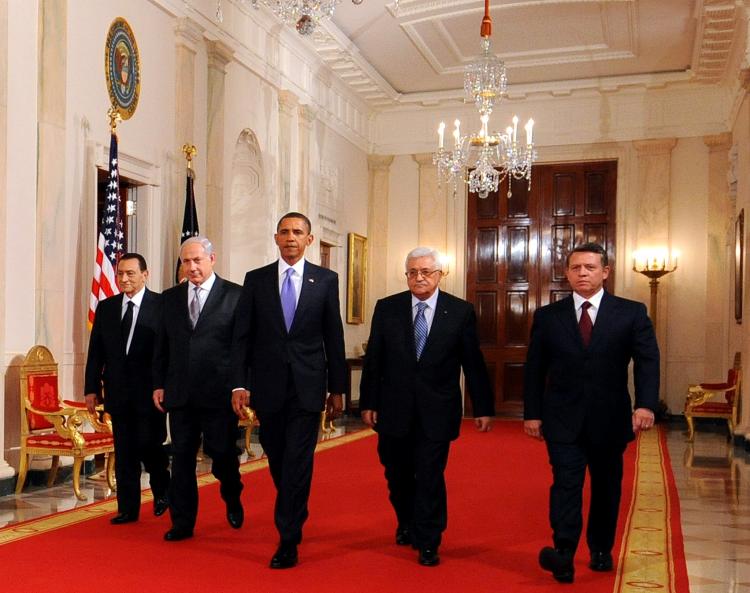 (L-R) President Hosni Mubarak of Egypt, Prime Minister Benjamin Netanyahu of Israel, President Barack Obama, President Mahmoud Abbas of the Palestinian Authority and King Abdullah II of Jordan walk to the East Room to make statements on the peace process. (Tim Sloan/AFP/Getty Images)