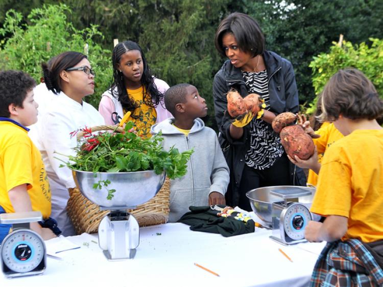 HARVEST: First lady Michelle Obama (R) talks to White House Executive Chef Cristeta Pasia Comerford (2nd L) as local 5th graders from Bancroft Elementary look on during the White House Kitchen Garden Fall Harvest October 20, 2010 at the White House in Washington, D.C. The harvest was part of the first lady's Let's Move! campaign to reduce childhood obesity. (Alex Wong/Getty Images )