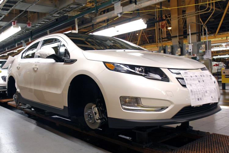 A Chevrolet Volt goes through assembly, after GM celebrated the official launch of the Chevrolet Volt hybrid electric vehicle at GM's Detroit-Hamtramck Assembly Nov. 30, in Detroit, Michigan.  (Bill Pugliano/Getty Images)