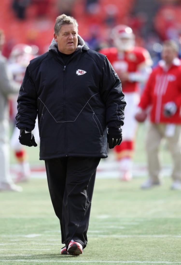 Charlie Weis, the offensive coordinator of the Kansas City Chiefs, walks on the field prior to the game against the Denver Broncos on December 5, 2010 at Arrowhead Stadium in Kansas City, Missouri. (Jamie Squire/Getty Images)