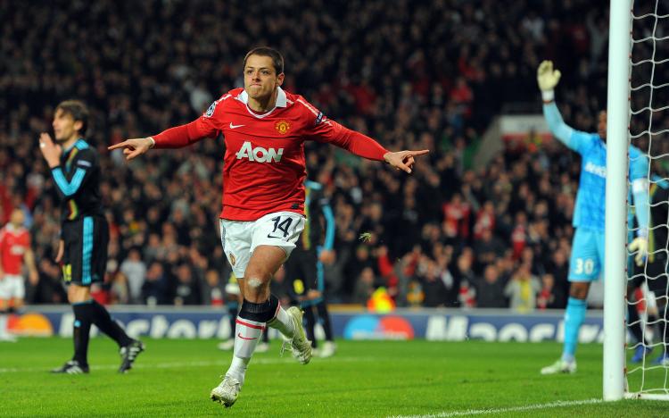 CHICHARITO: Manchester United's Mexican striker Javier Hernandez scored two goals to lead his side into the quarterfinals of Europe's Champions League. (Andrew Yates/AFP/Getty Images)