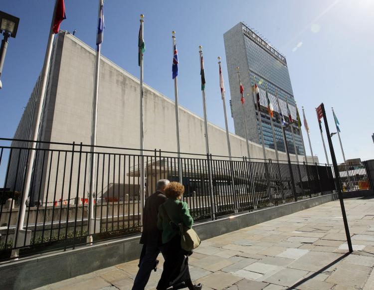 The United Nations building on March 17, in New York City. The UN Security Council has voted to impose a no-fly zone on Libya as Libyan leader Muammar Gaddafi continues to use air strikes against the rebels in his country.  ( Monika Graff/Getty Images)