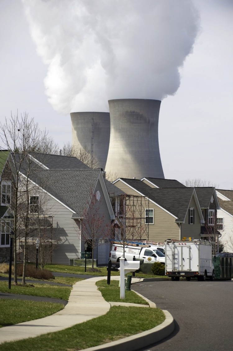 Cooling towers from the Limerick Generating Station, a nuclear power plant in Pottstown, Pennsylvania on March 25. Limerick consists of two boiling water reactors and is located on the Schuylkill River.  (Stand Honda/Getty Images)