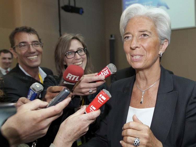 France's Finance and Economy Minister Christine Lagarde (R) speaks to journalists as she attends a G20 Globalization conference in Paris, on May 23, 2011. (Bob Edme/AFP/Getty Images)