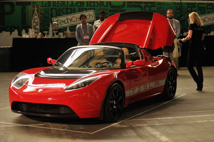 ALL-ELECTRIC: A Tesla Roadster is parked at the TechCrunch Disrupt New York event at Pier 94 on May 25 in New York City. (Joe Corrigan/Getty Images for AOL)