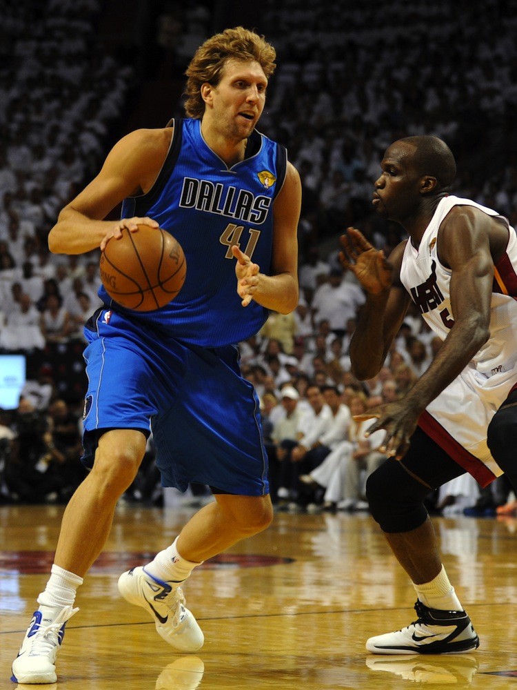 Dirk Nowitzki of the Dallas Mavericks is guarded by Joel Anthony of the Miami Heat during Game 1 of the NBA Finals on May 31, at the AmericanAirlines Arena in Miami, Florida.   (Don Emmert/AFP/Getty Images)