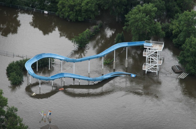 A water slide is surrounded by floodwater as the Souris River crests as seen from the air June 26, 2011 in Minot, North Dakota. (Scott Olson/Getty Images)