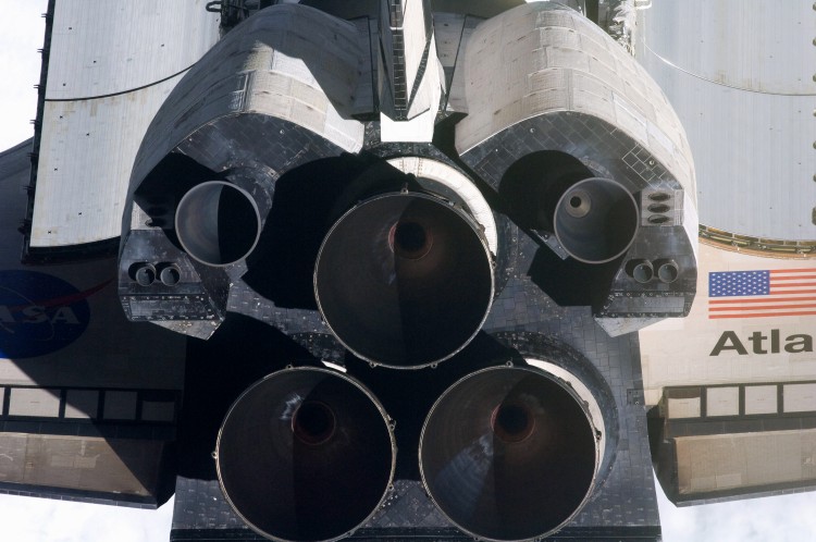 A detail of the main engines of NASA space shuttle Atlantis in Earth orbit. (NASA via Getty Images)