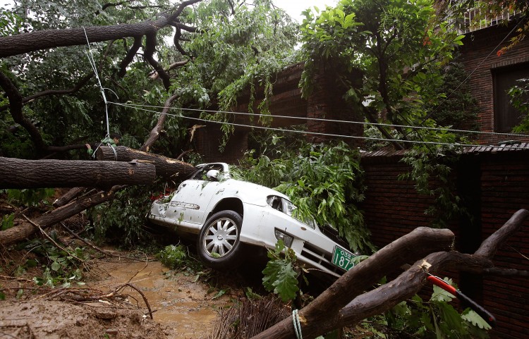 A vehicles is crushed by trees after a landslide caused by torrential rain storm hit the capital city on July 27, 2011 in Seoul. (Chung Sung-Jun/Getty Images)