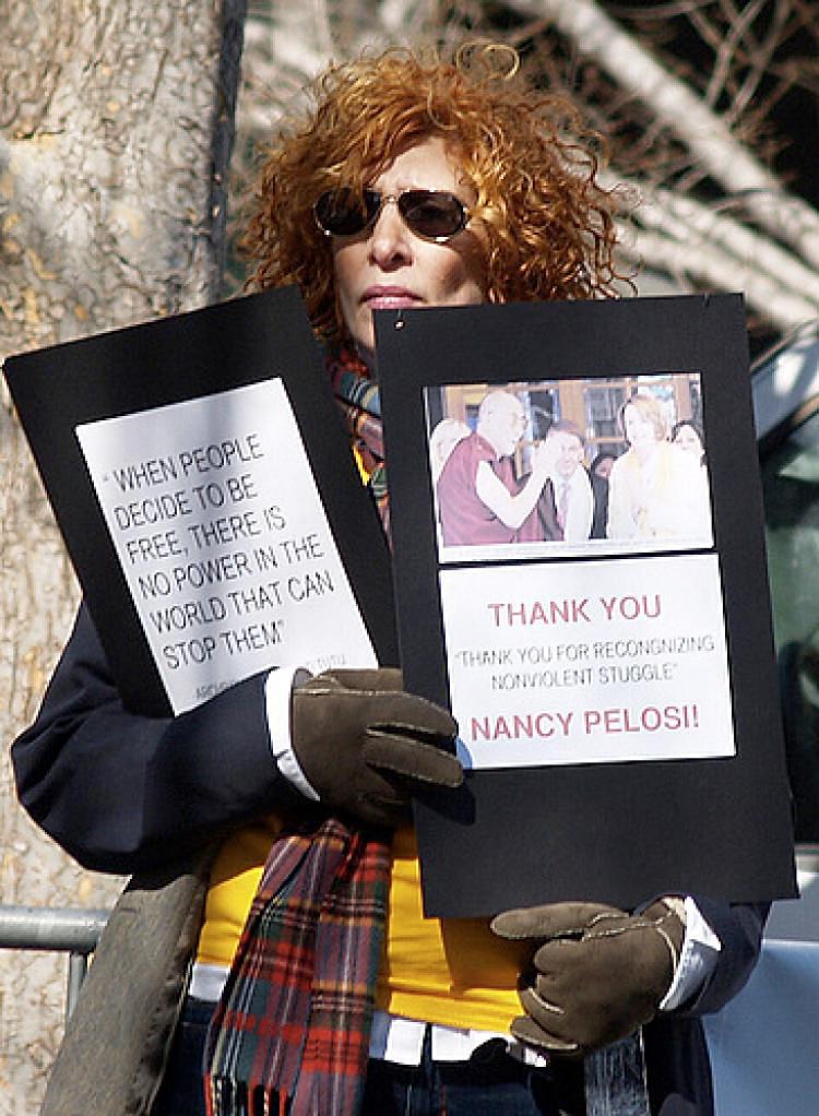 Diane Gatterdam, a New York City interior designer, protested for Tibet at Tiananmen Square during the Beijing Olympic Games. Photo taken March 10 in front of the United Nations building in New York. (Courtesy Diane Gatterdam)