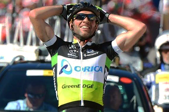 Orica GreenEdge's Michael Albisini crosses the finish line to win Stage Eight of the Tour de Suisse. (greenedgecycling.com)