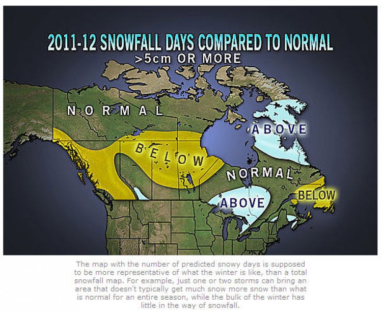 A map by AccuWeather.com showing the snowfall forecast for different regions of Canada compared to normal levels. Environment Canada says models predicting precipitation are not very accurate.  (AccuWeather.com)