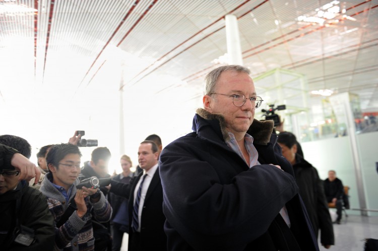 Google Executive Chairman Eric Schimidt (C) makes his way after checking in at Beijing International airport in Beijing on Jan.  7, 2013, before his trip to North Korea. (Wang Zhao/AFP/Getty Images)