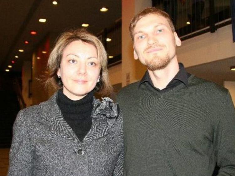 Inga and Alexej Zich in the lobby of the Dresden Kulturpalast.  (Nina Hamrle/The Epoch Times)