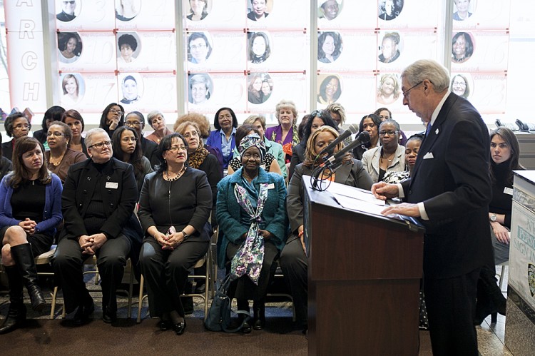 Kings County District Attorney Charles J. Hynes speaks at the seventh annual Extraordinary Women's event in the lobby of 350 Jay Street in Brooklyn on March 5, 2013. (Samira Bouaou/The Epoch Times)