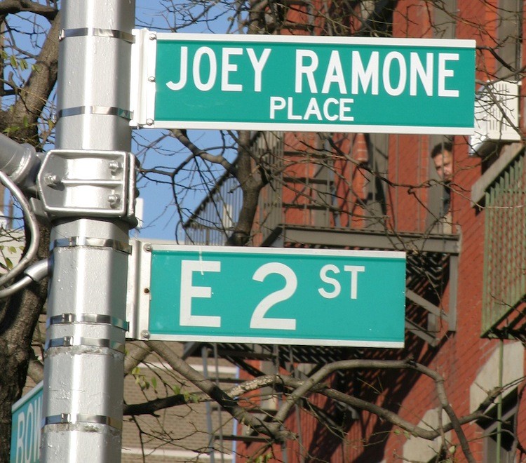 ONE STREET, TWO NAMES: Punk rocker Joey Ramone was honored in 2003 when Second Street on the Lower East Side was co-named for him. As of last week, 56 more streets across the city are named for outstanding New Yorkers.  (Teresa Lee/Getty Images )