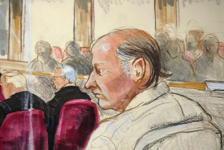 This artist's drawing shows serial killer Robert William Pickton sitting in court Jan. 22, 2007 in New Westminster, Canada. (Felicity Don/AFP/Getty Images)