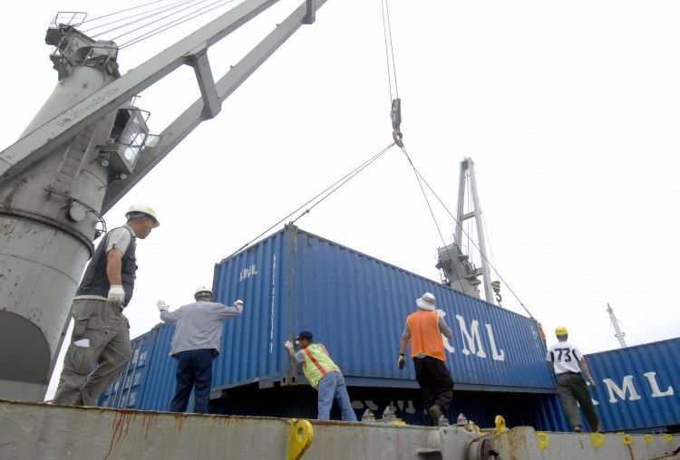 South Korean workers are seen at the Incheon port