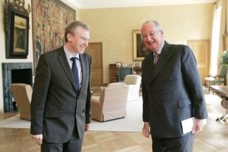 BRUSSELS, BELGIUM - APRIL 22: Belgian Prime Minister Yves Leterme (L) attends an audience with King Albert II (R) of Belgium at the Royal Palace on April 22, 2008 in Brussels, Belgium.  (Pool/Getty Images)