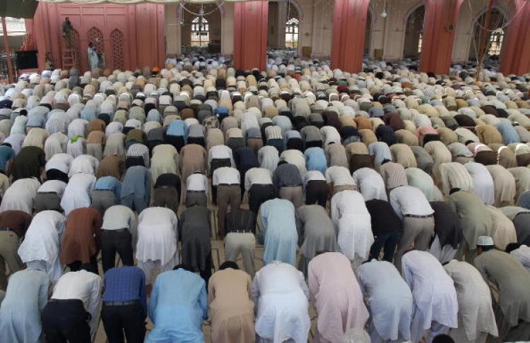 Pakistani Muslims offer congregational noon prayers during the first Friday of the holy month of Ramadan in Karachi on September 5, 2008.  (Asif Hussain/AFP/Getty Images)