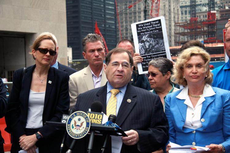 Rep. Carolyn Maloney (R), Rep. Jerrold Nadler (C), and President of the Uniform Fire Fighters Association Steve Cassidy (L) spoke in support of the 9/11 Health Bill at the plaza in front of the World Trade Center Sunday. (Shahrzad Noorbaloochi/The Epoch Times)