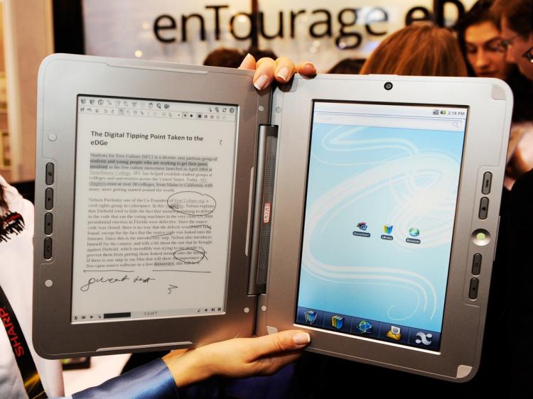 The enTourage eDGe e-book is displayed at the 2010 International Consumer Electronics Show at the Las Vegas Convention Center January 7, 2010 in Las Vegas, Nevada.  (Ethan Miller/Getty Images)